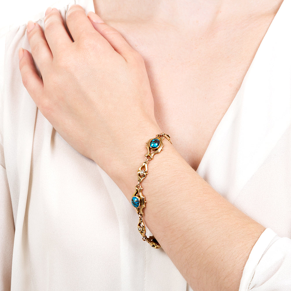 English Victorian Spiderweb Turquoise and Natural Pearl Bracelet - 5