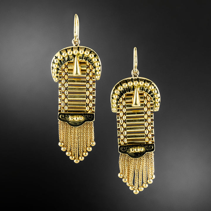 English Victorian Tracery Buckle Tassel Earrings