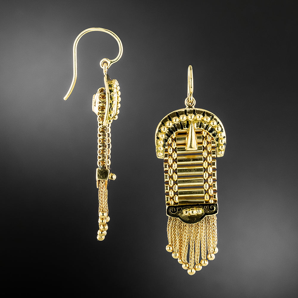 English Victorian Tracery Buckle Tassel Earrings - 3