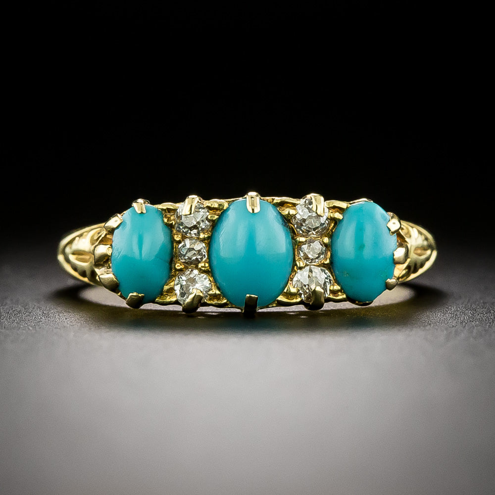 English Victorian Turquoise And Diamond Carved Ring - 2