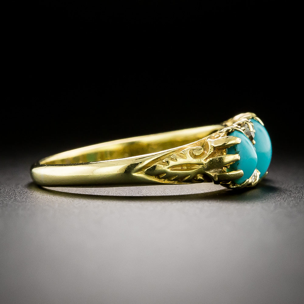 English Victorian Turquoise And Diamond Carved Ring - 3
