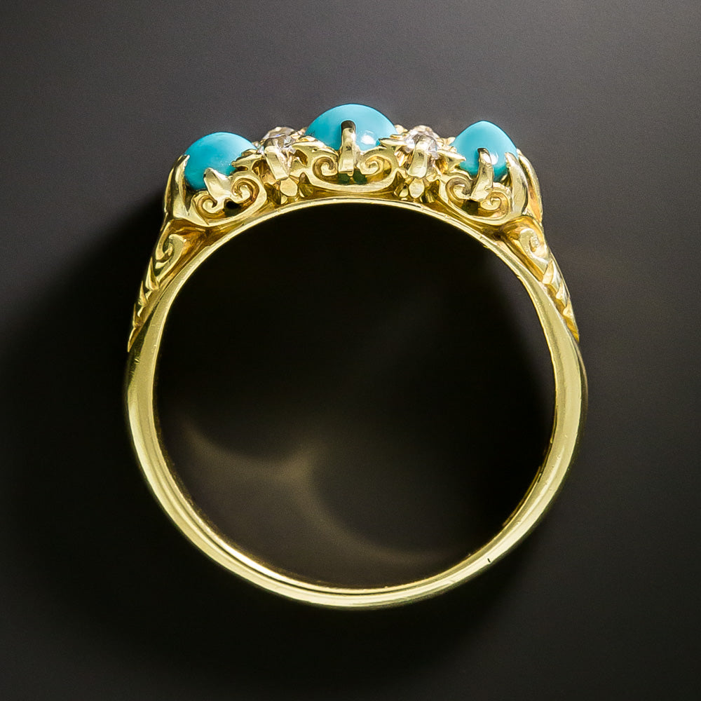 English Victorian Turquoise And Diamond Carved Ring - 4