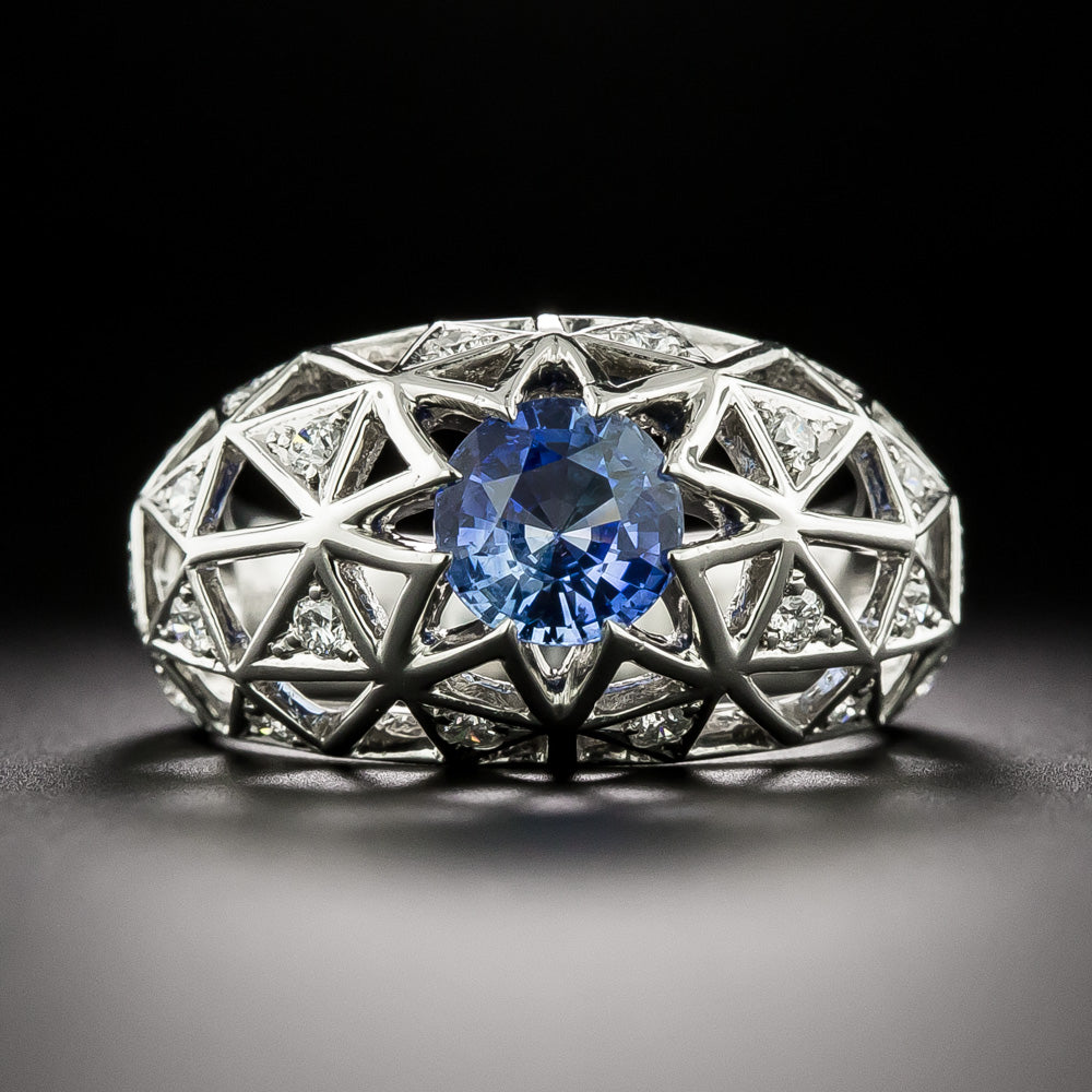 Estate 1.25 Carat Sapphire and Diamond Lattice Dome Ring - GIA - 3