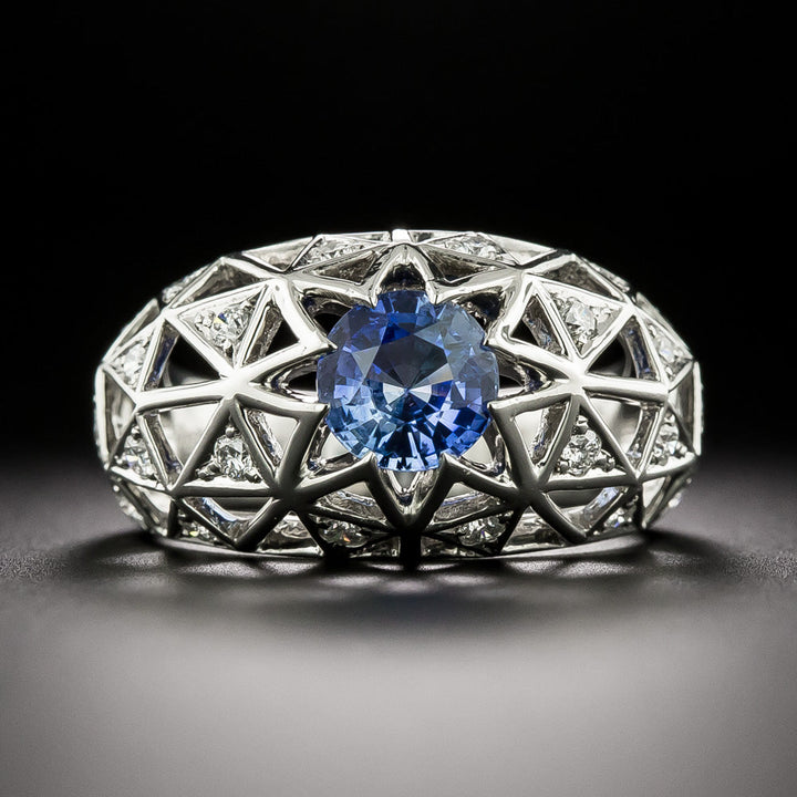 Estate 1.25 Carat Sapphire and Diamond Lattice Dome Ring - GIA