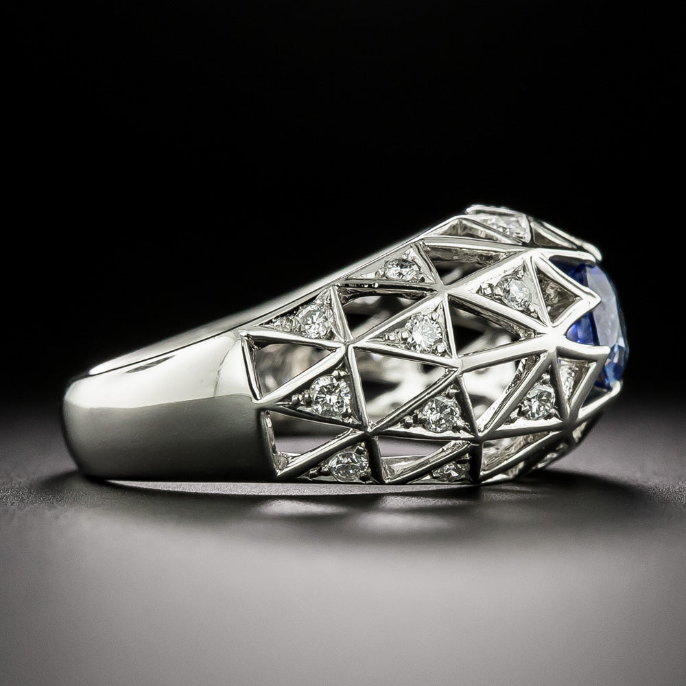 Estate 1.25 Carat Sapphire and Diamond Lattice Dome Ring - GIA - 4