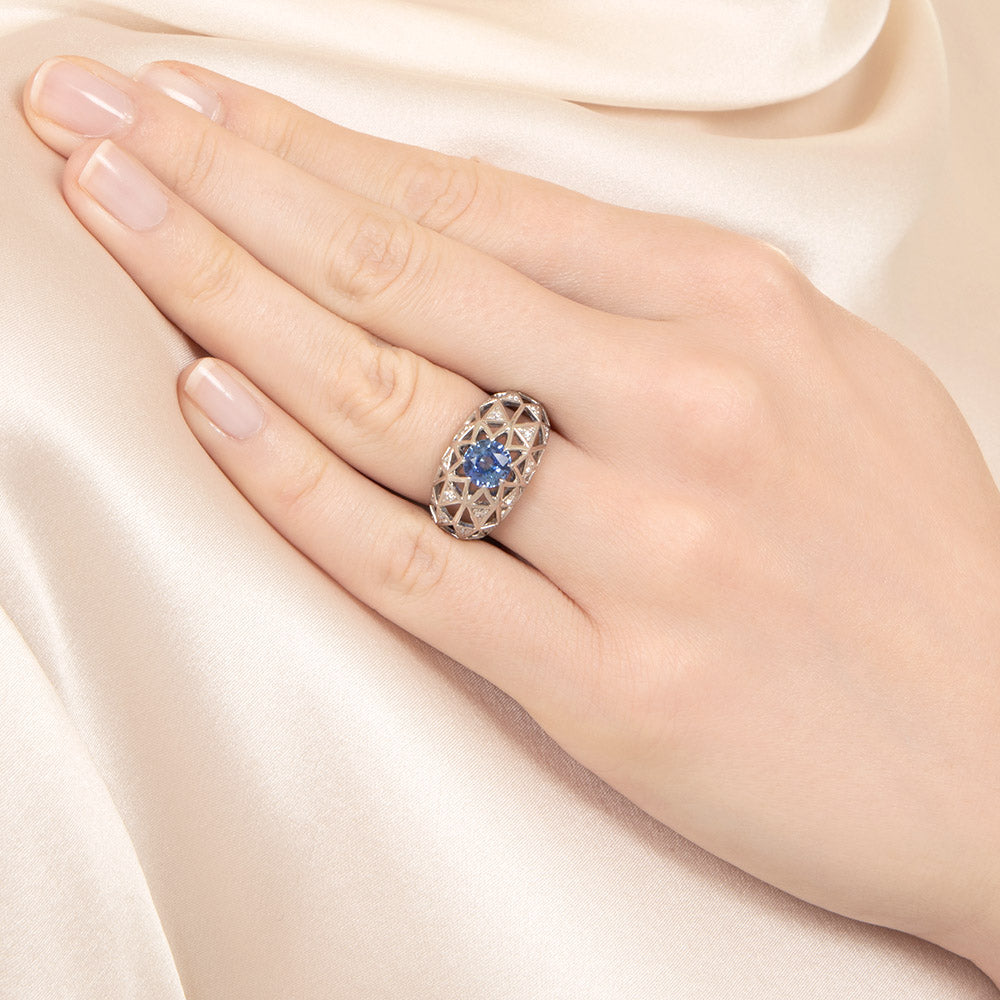 Estate 1.25 Carat Sapphire and Diamond Lattice Dome Ring - GIA - 6