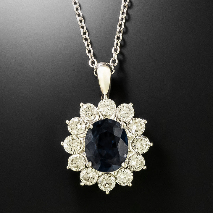 Estate 1.62 Carat Sapphire and Diamond Halo Pendant - GIA