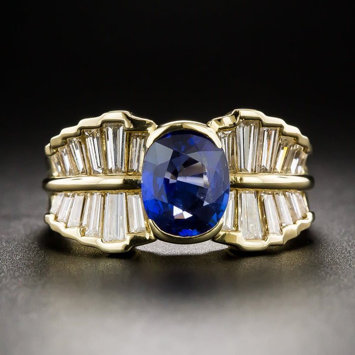 Estate 1.71 Carat Ceylon Sapphire and Baguette Diamond Ring