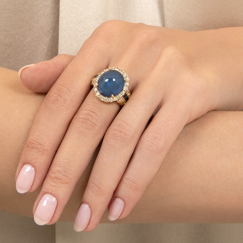 Estate 12.80 Carat Cabochon Sapphire and Diamond 18K Ring - GIA - 6
