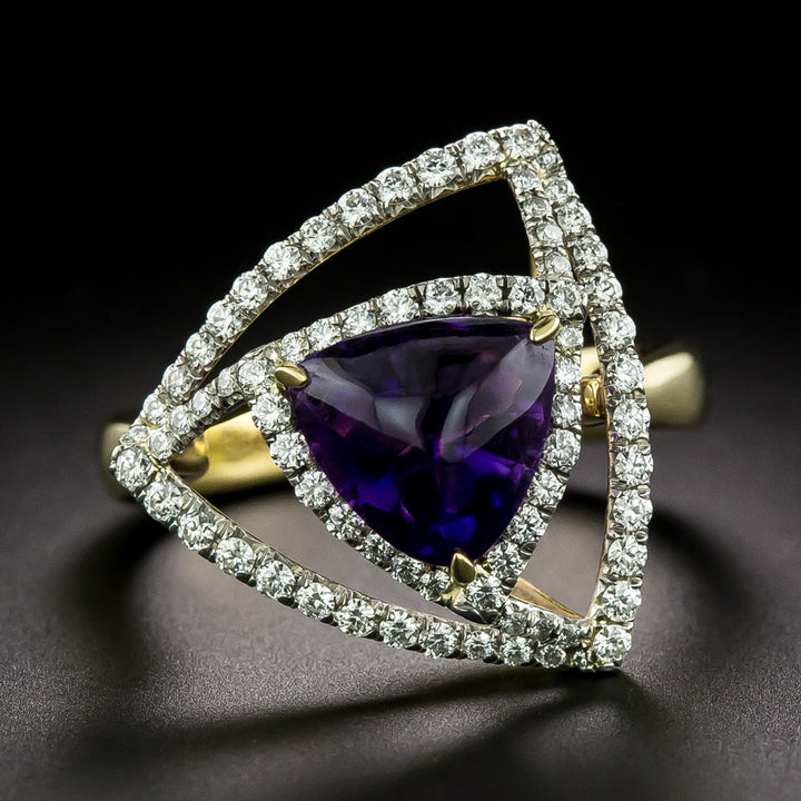 Estate 18K Amethyst and Diamond Triangular Ring by Richard Krementz