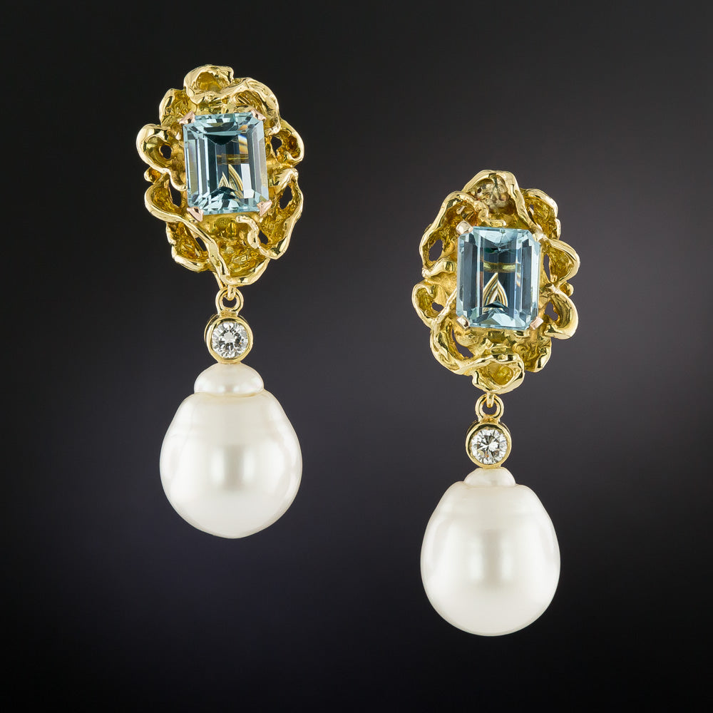 Estate 18K Aquamarine and South Sea Pearl Convertible Drop Earrings - 3