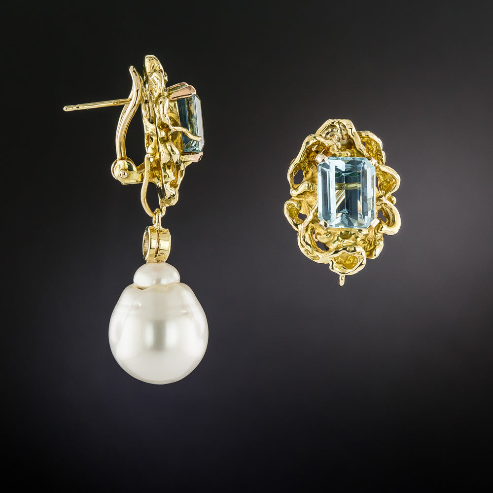 Estate 18K Aquamarine and South Sea Pearl Convertible Drop Earrings - 4