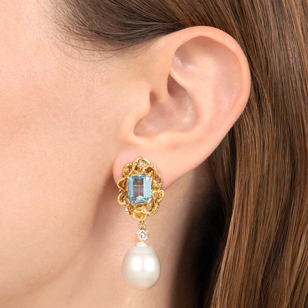 Estate 18K Aquamarine and South Sea Pearl Convertible Drop Earrings - 5