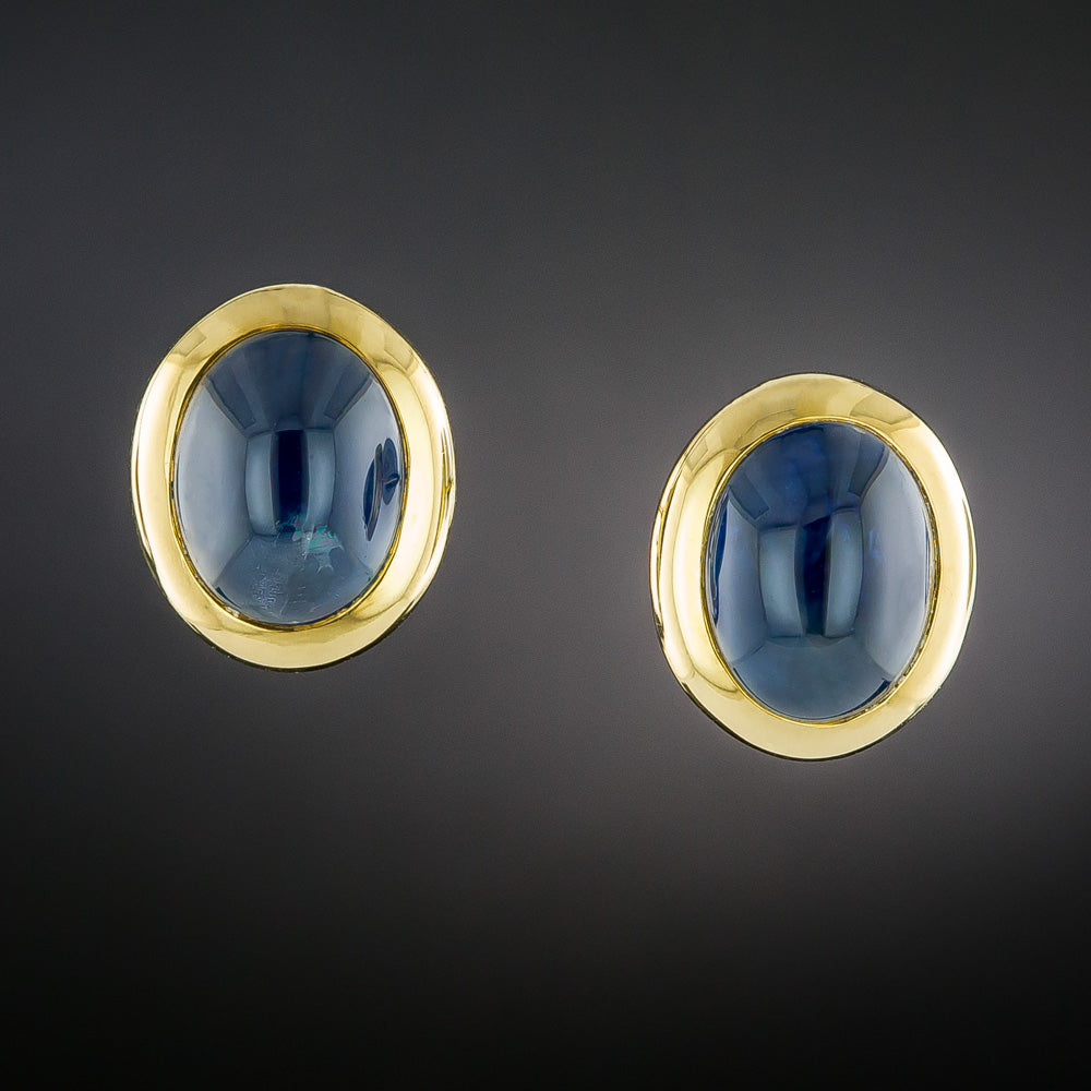 Estate 18K Cabochon Sapphire Earrings - 2