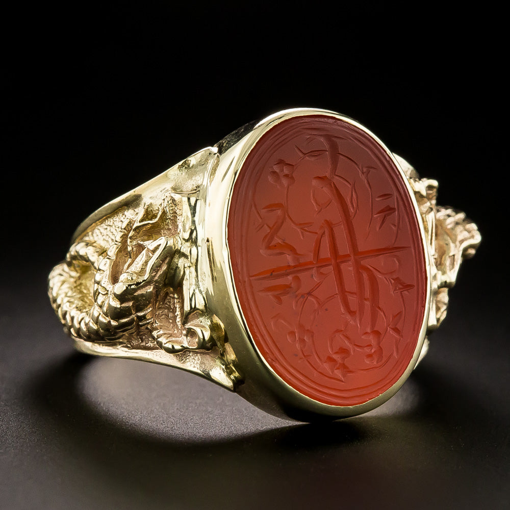 Estate 18K Carved Carnelian Snake Ring - 3