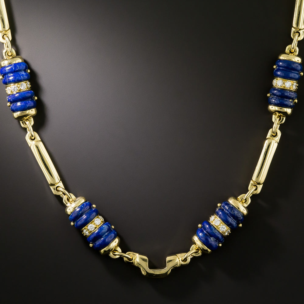 Estate 18K Carved Lapis Lazuli and Diamond Necklace, Italy - 3