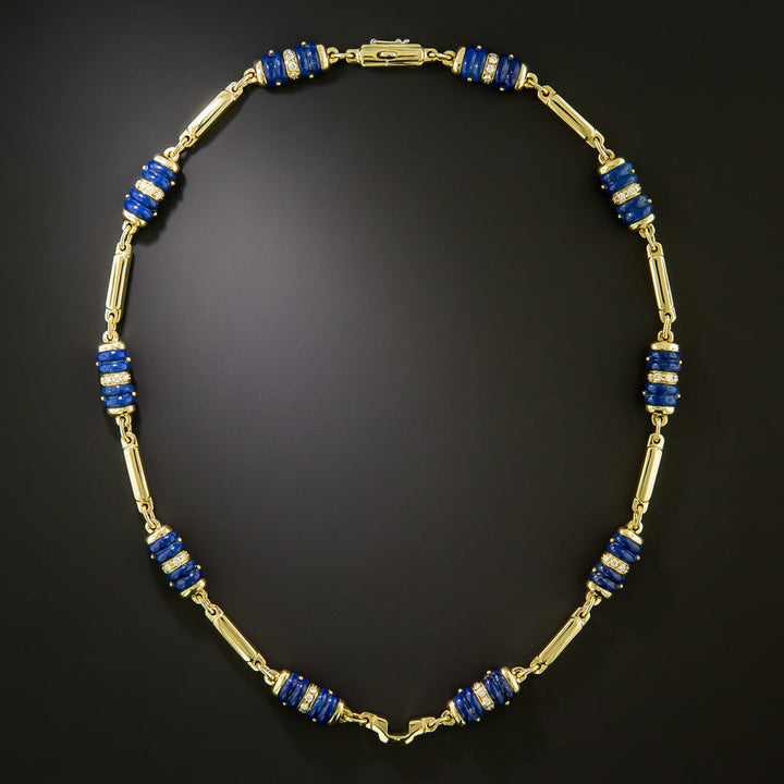 Estate 18K Carved Lapis Lazuli and Diamond Necklace, Italy