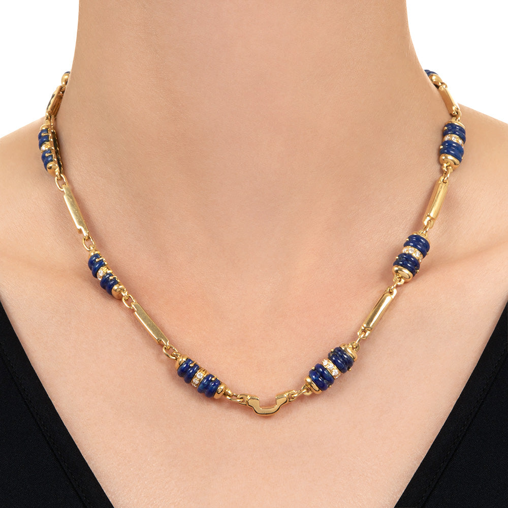 Estate 18K Carved Lapis Lazuli and Diamond Necklace, Italy - 4