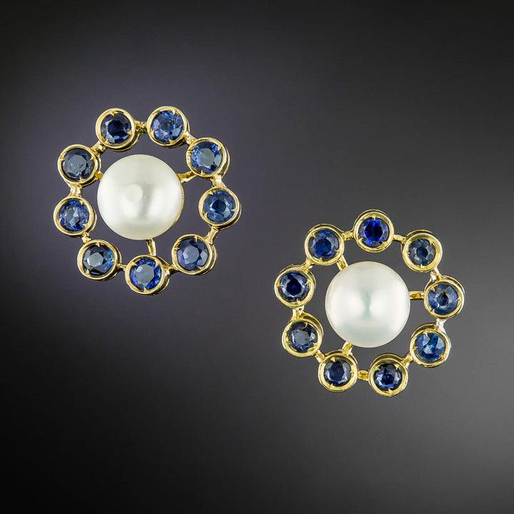Estate 18K Cultured Pearl and Sapphire Earrings