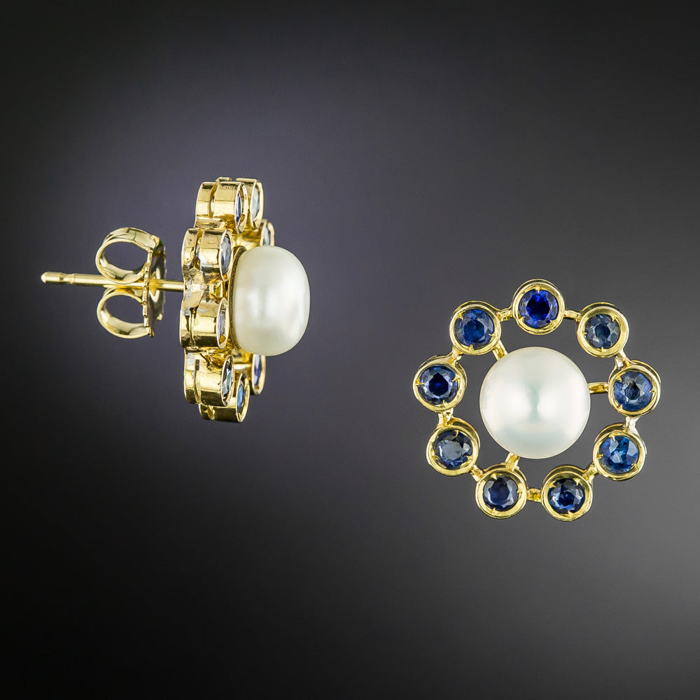 Estate 18K Cultured Pearl and Sapphire Earrings - 3