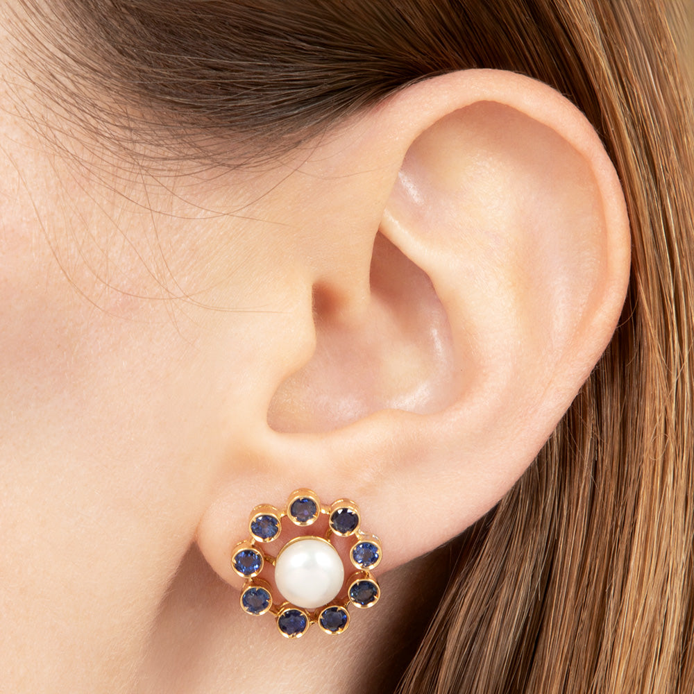 Estate 18K Cultured Pearl and Sapphire Earrings - 4