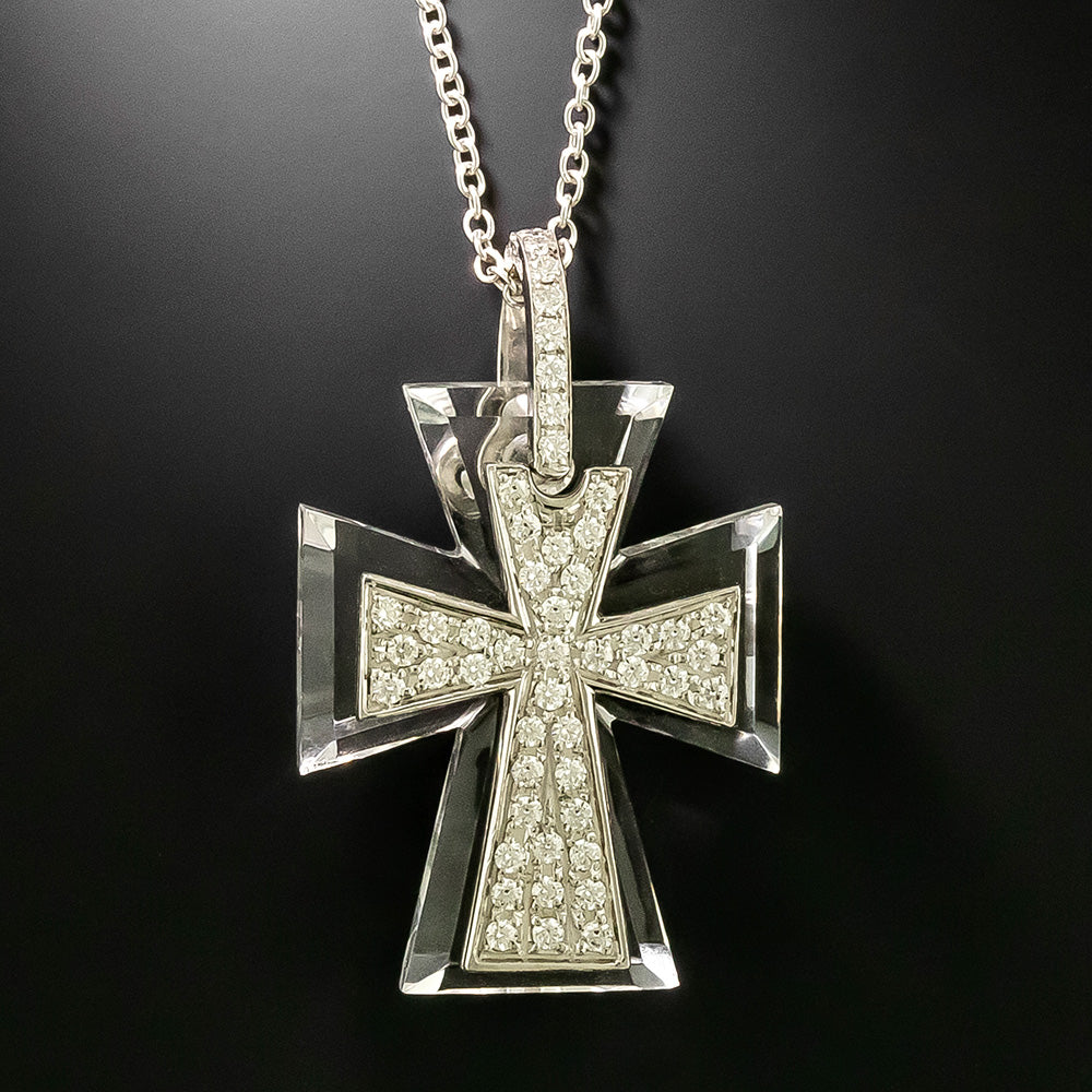 Estate 18K Diamond and Rock Crystal Maltese Cross Pendant - 3