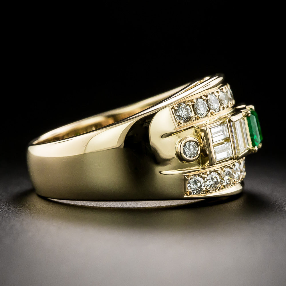 Estate 18K Emerald and Diamond Band Ring - 4