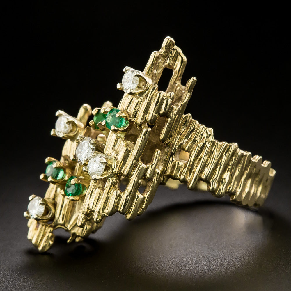 18K Emerald and Diamond Brutalist Ring - 4