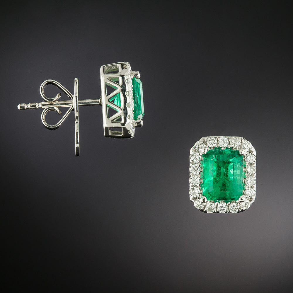 Estate 18K Emerald and Diamond Stud Earrings  - 4