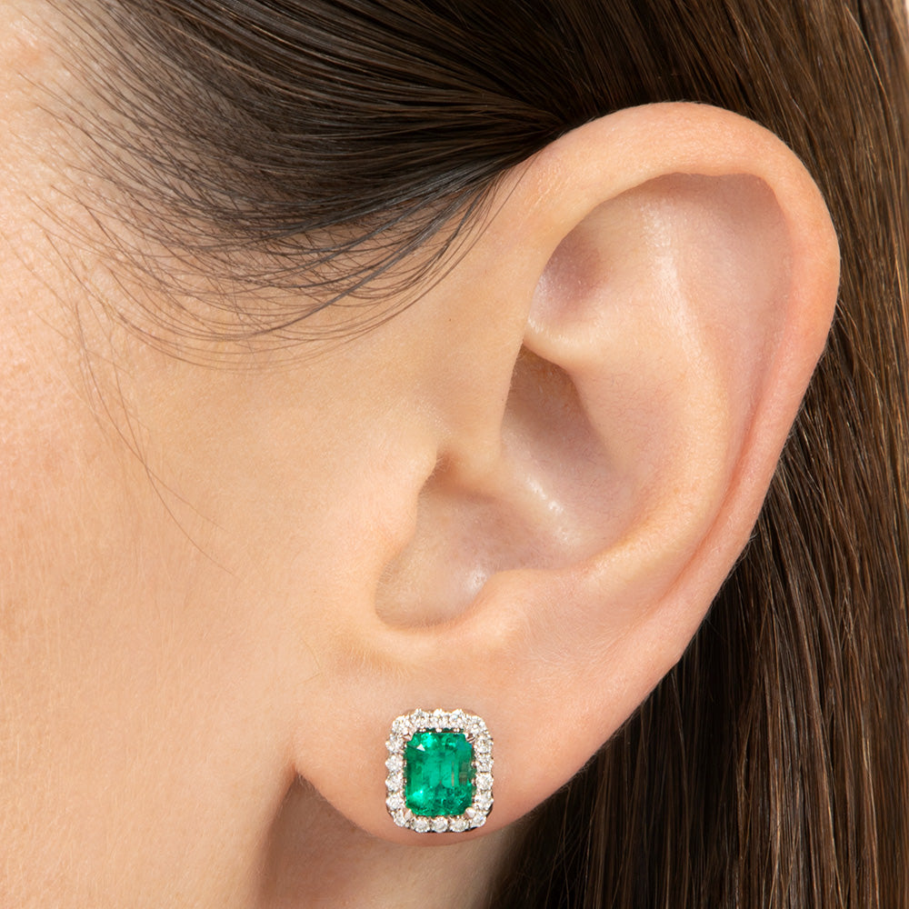 Estate 18K Emerald and Diamond Stud Earrings  - 5