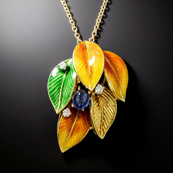 Estate 18K Enamel, Cabochon Sapphire and Diamond Leaf Pendant