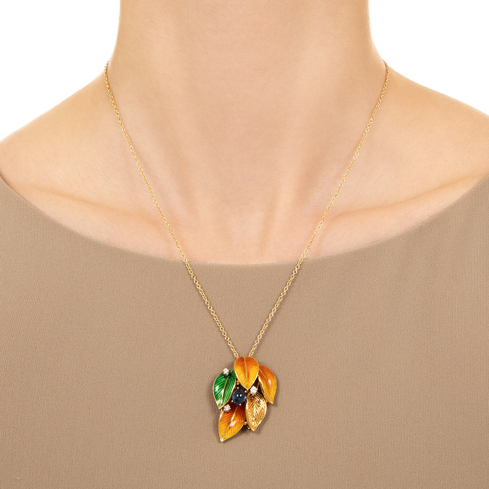 Estate 18K Enamel, Cabochon Sapphire and Diamond Leaf Pendant - 2
