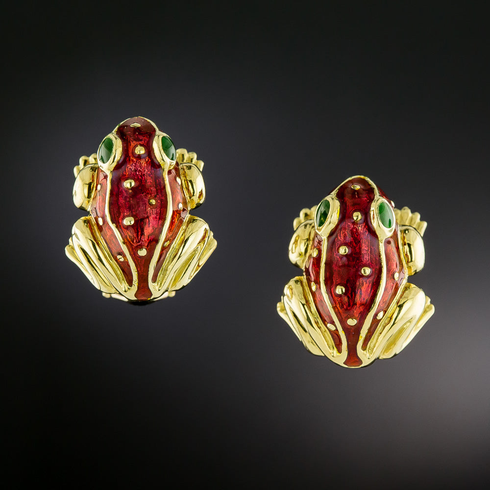 Estate 18K Enamel Frog Earrings - 3