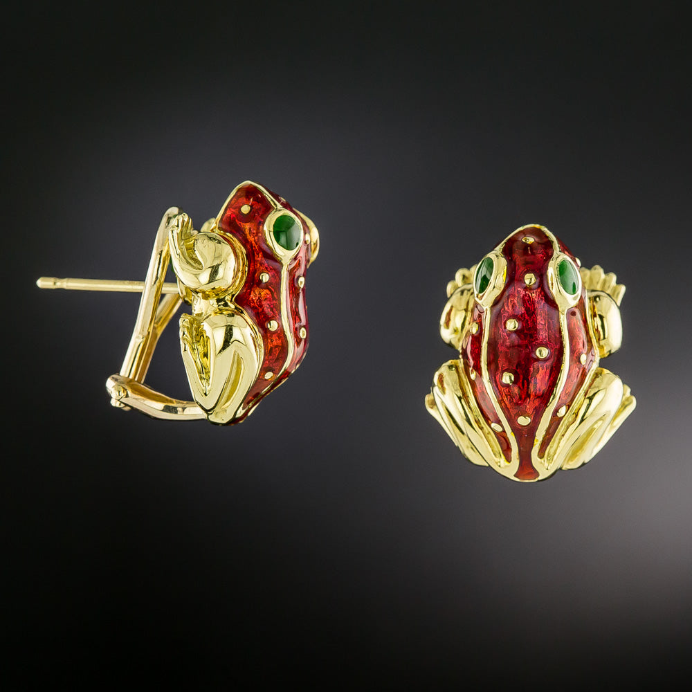Estate 18K Enamel Frog Earrings - 4