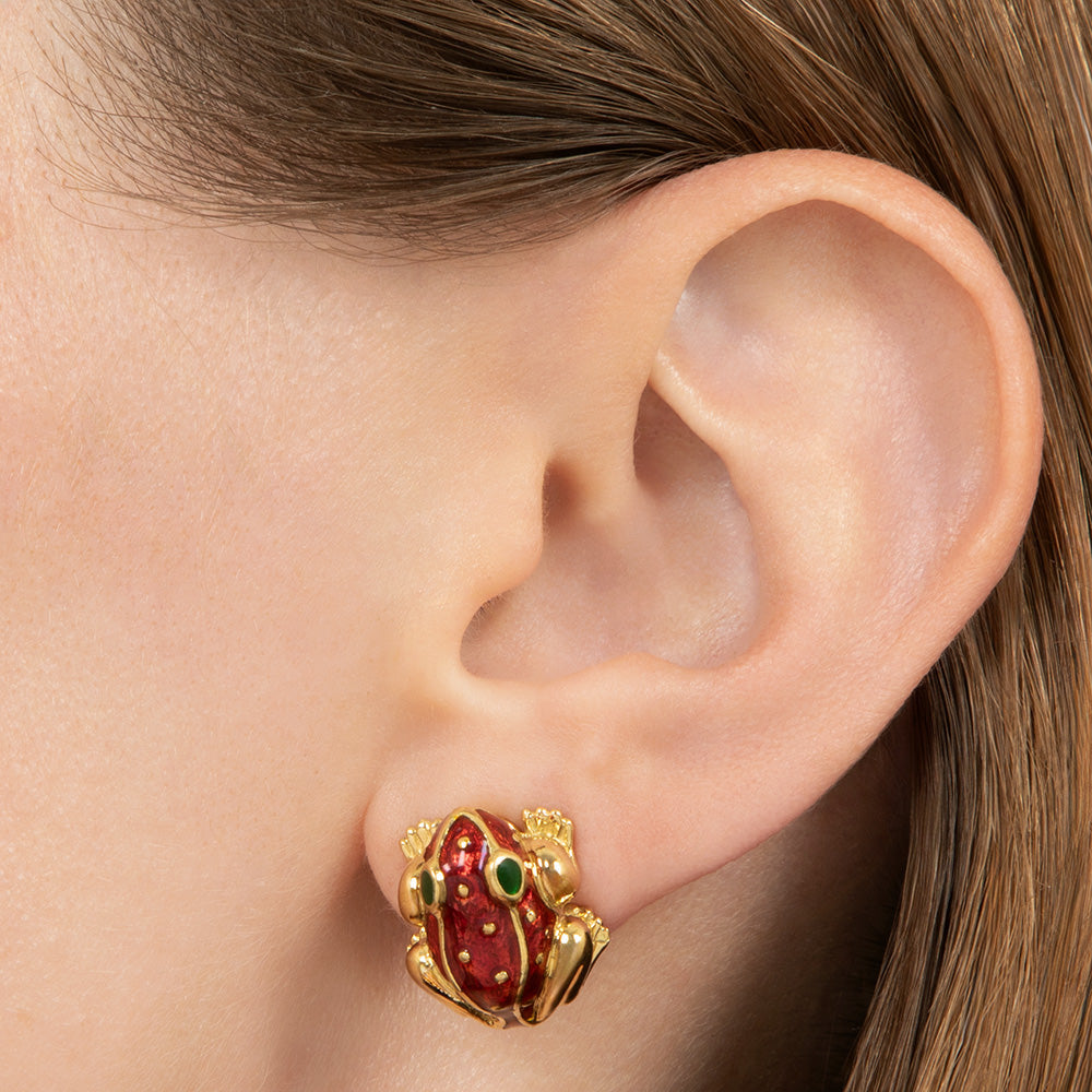 Estate 18K Enamel Frog Earrings - 5