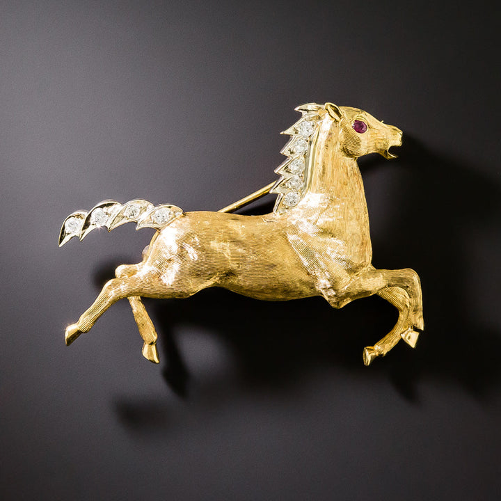 Estate 18K Horse Brooch With Diamonds