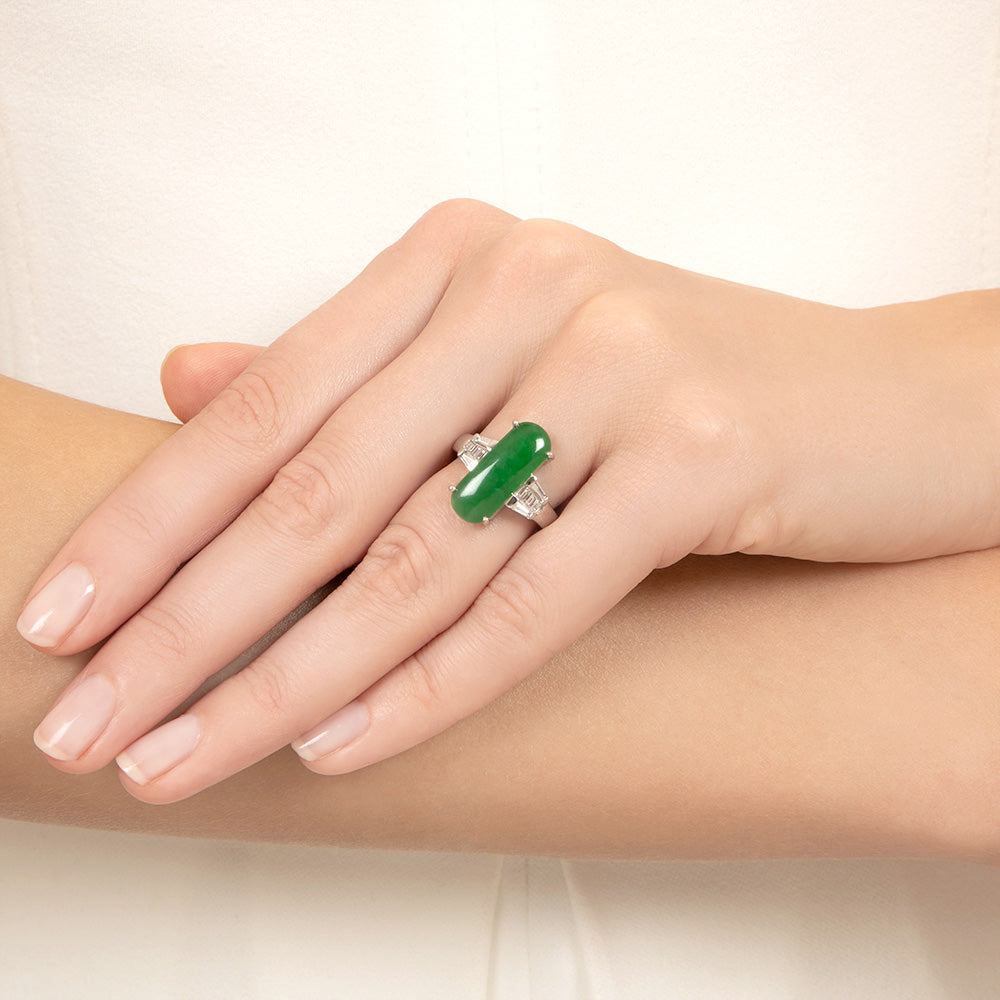 Estate 18K Natural Jade and Diamond Ring - 5