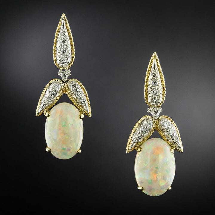 Estate 18K Opal and Diamond Dangle Earrings