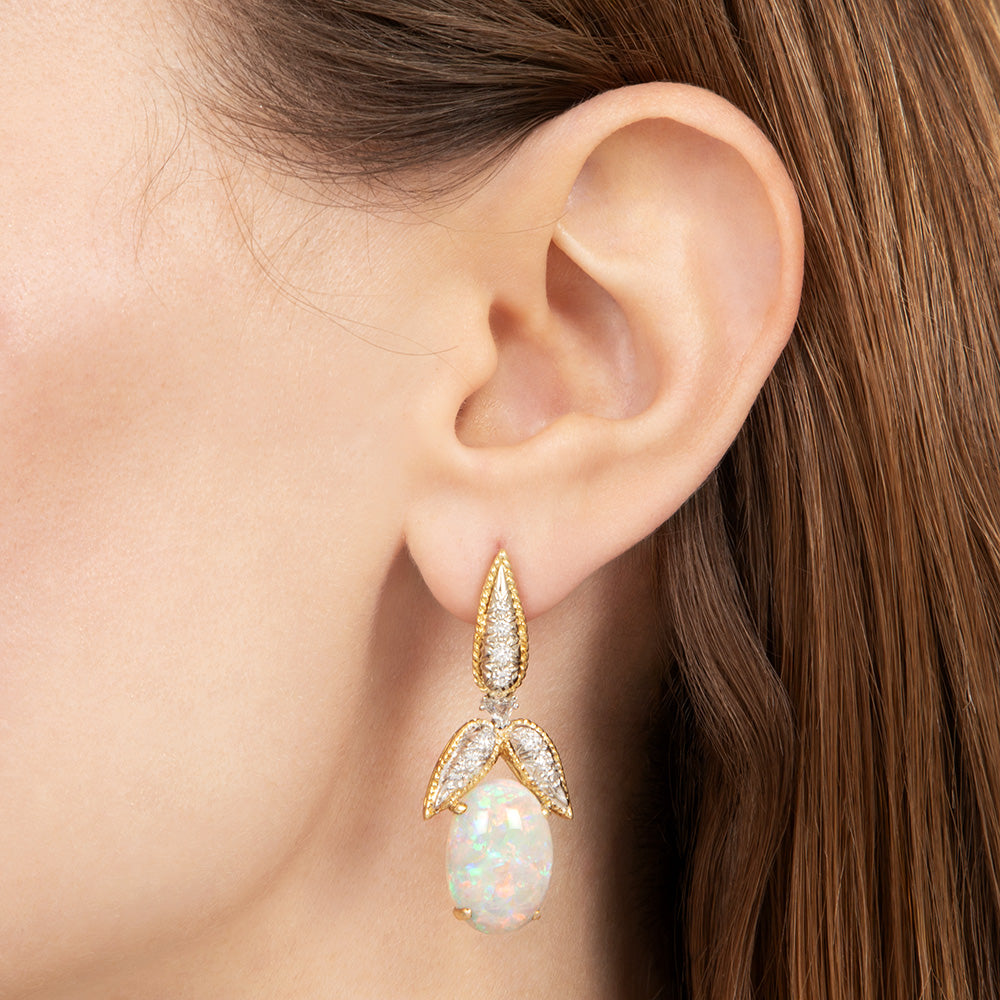 Estate 18K Opal and Diamond Dangle Earrings - 4