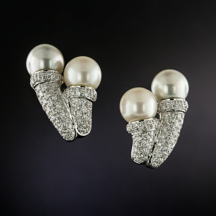 Estate 18K  Pearl and Diamond Earrings