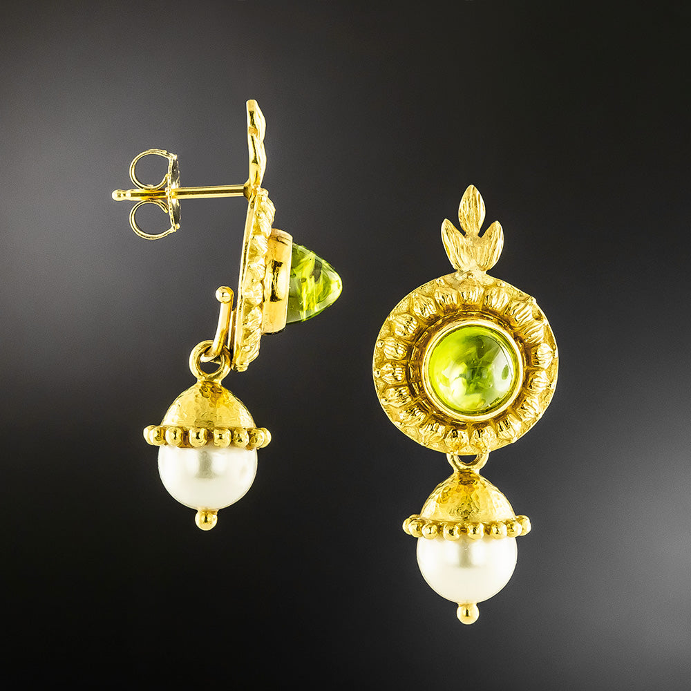 Estate 18K Peridot and Pearl Convertible Drop Earrings  - 3