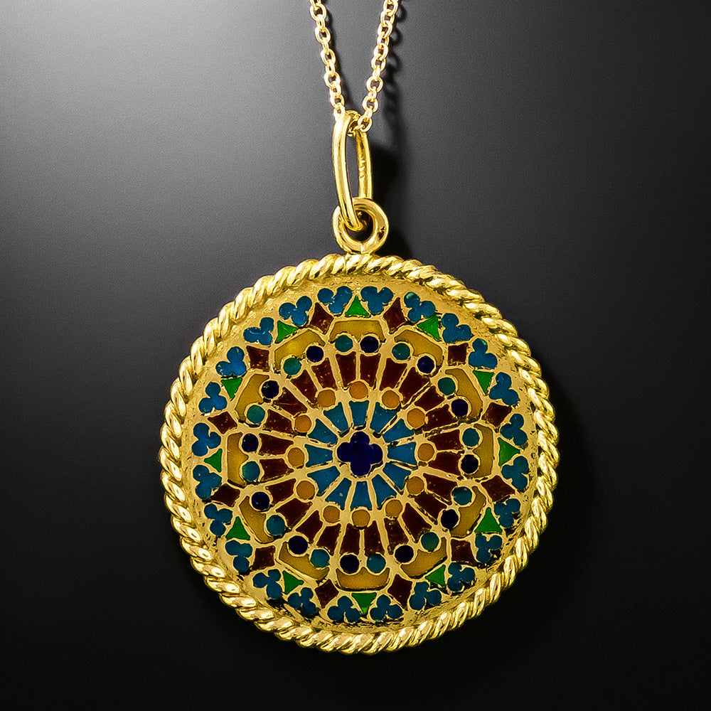 Estate 18K Plique-à-Jour Rose Window Pendant, French - 3