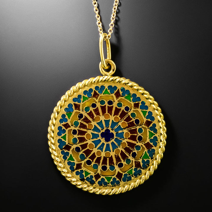 Estate 18K Plique-à-Jour Rose Window Pendant, French