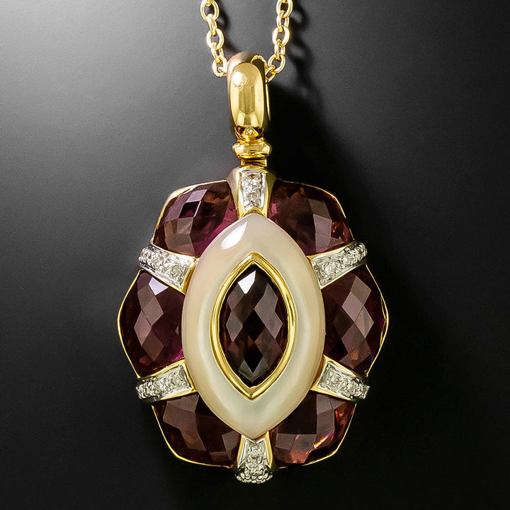Estate 18K Rhodolite Garnet, Mother-of-Pearl and Diamond Pendant