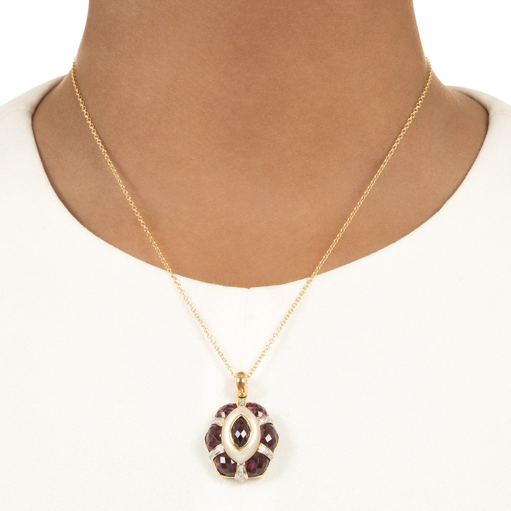 Estate 18K Rhodolite Garnet, Mother-of-Pearl and Diamond Pendant - 4