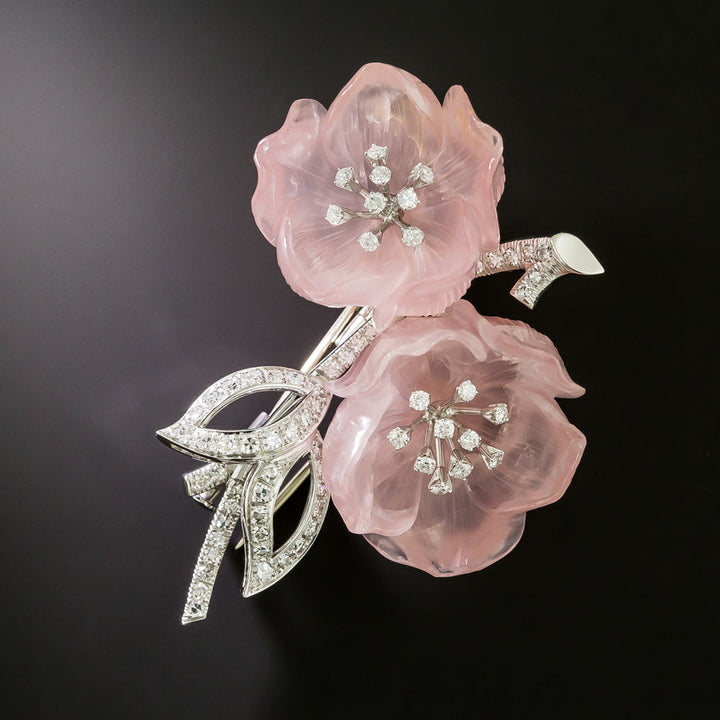 Estate 18K Rose Quartz and Diamond Flower Brooch, Austrian