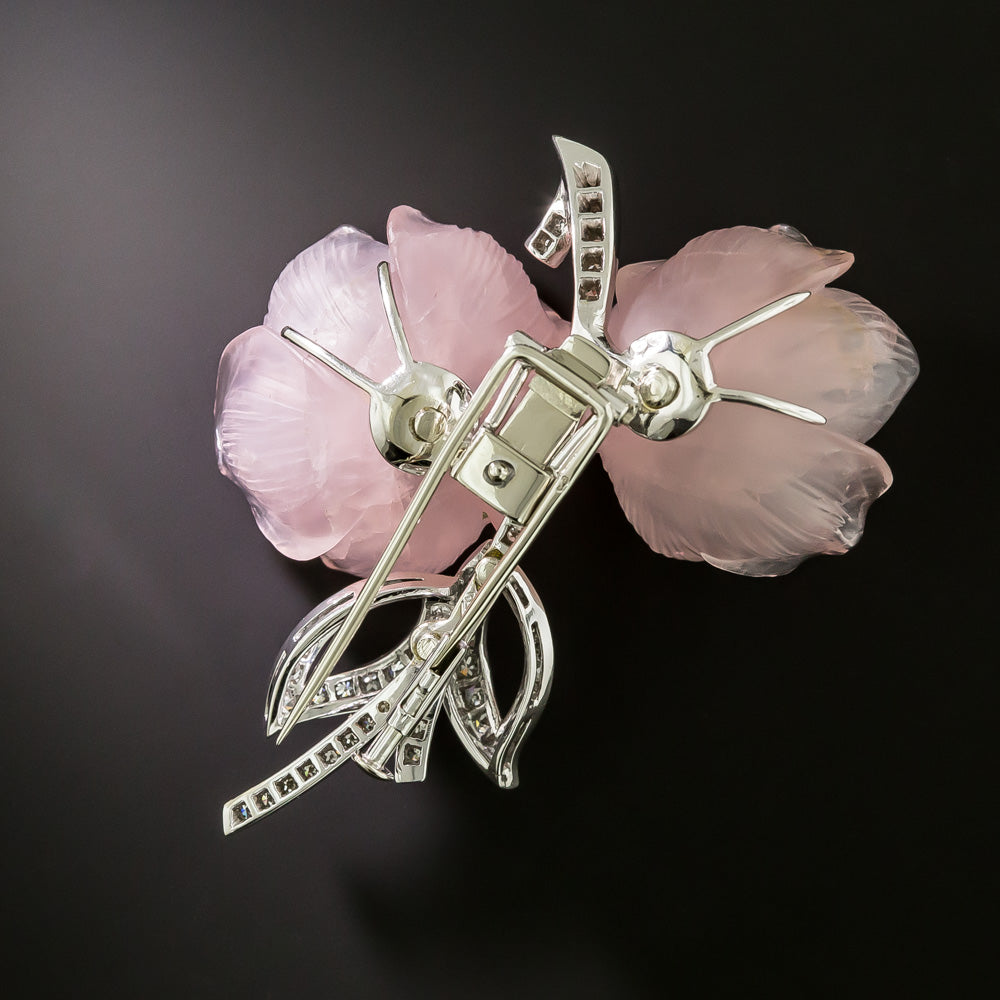 Estate 18K Rose Quartz and Diamond Flower Brooch, Austrian - 4