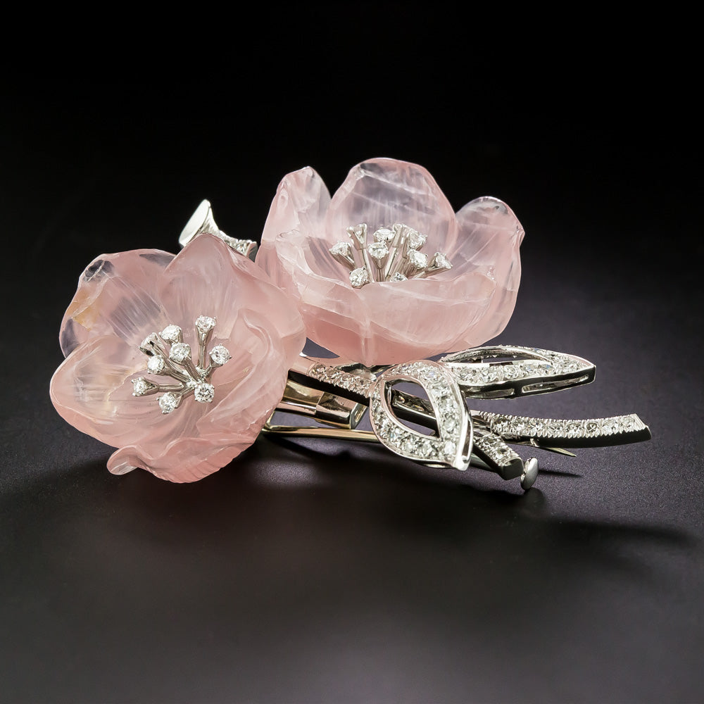 Estate 18K Rose Quartz and Diamond Flower Brooch, Austrian - 5