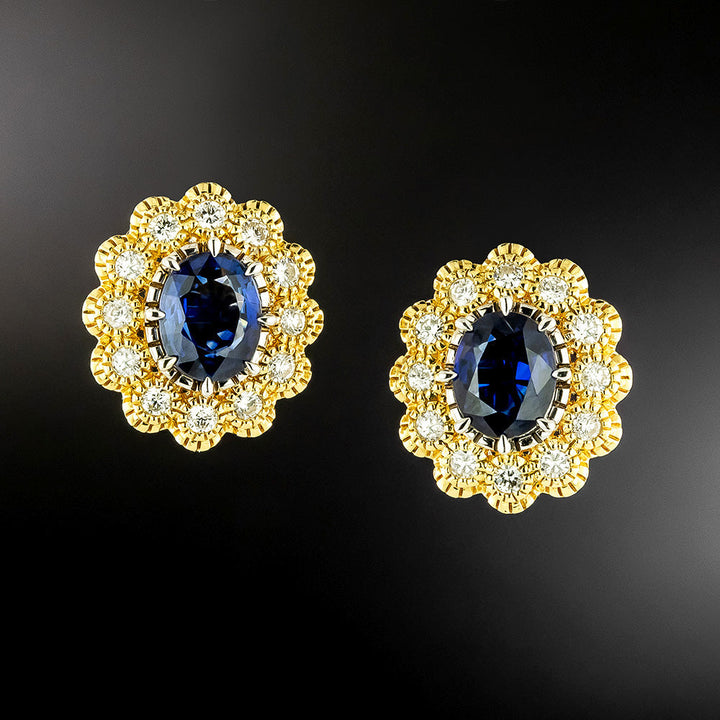 Estate 18K Sapphire and Diamond Halo Earrings - GIA