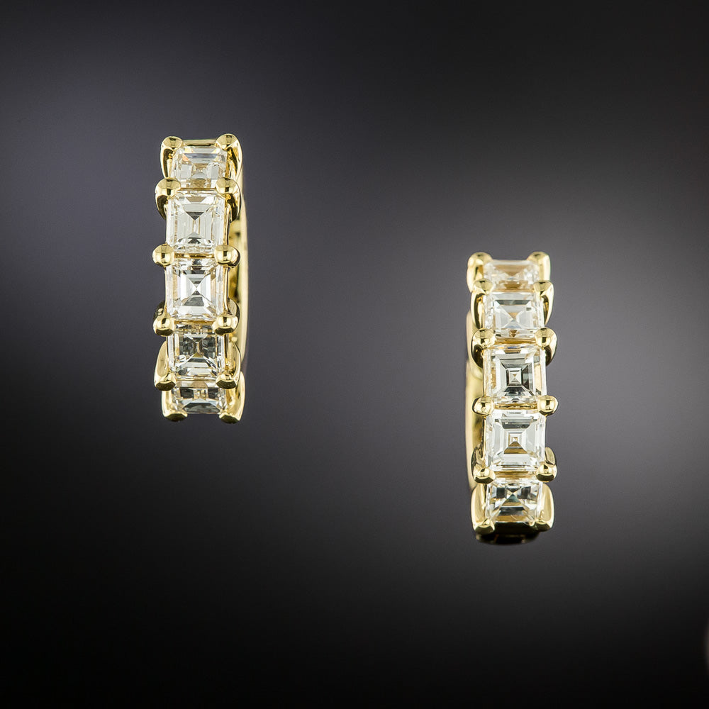 Estate 18K Square-Cut Diamond Half-Hoop Earrings - 3